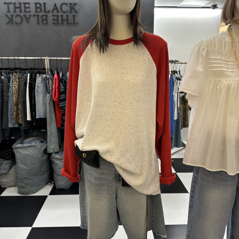 LADYBLACK/THE BLACK韓國直郵女裝新品休閑長袖T恤插肩袖華夫格LADYBLACK/THE BLACK長袖T恤
