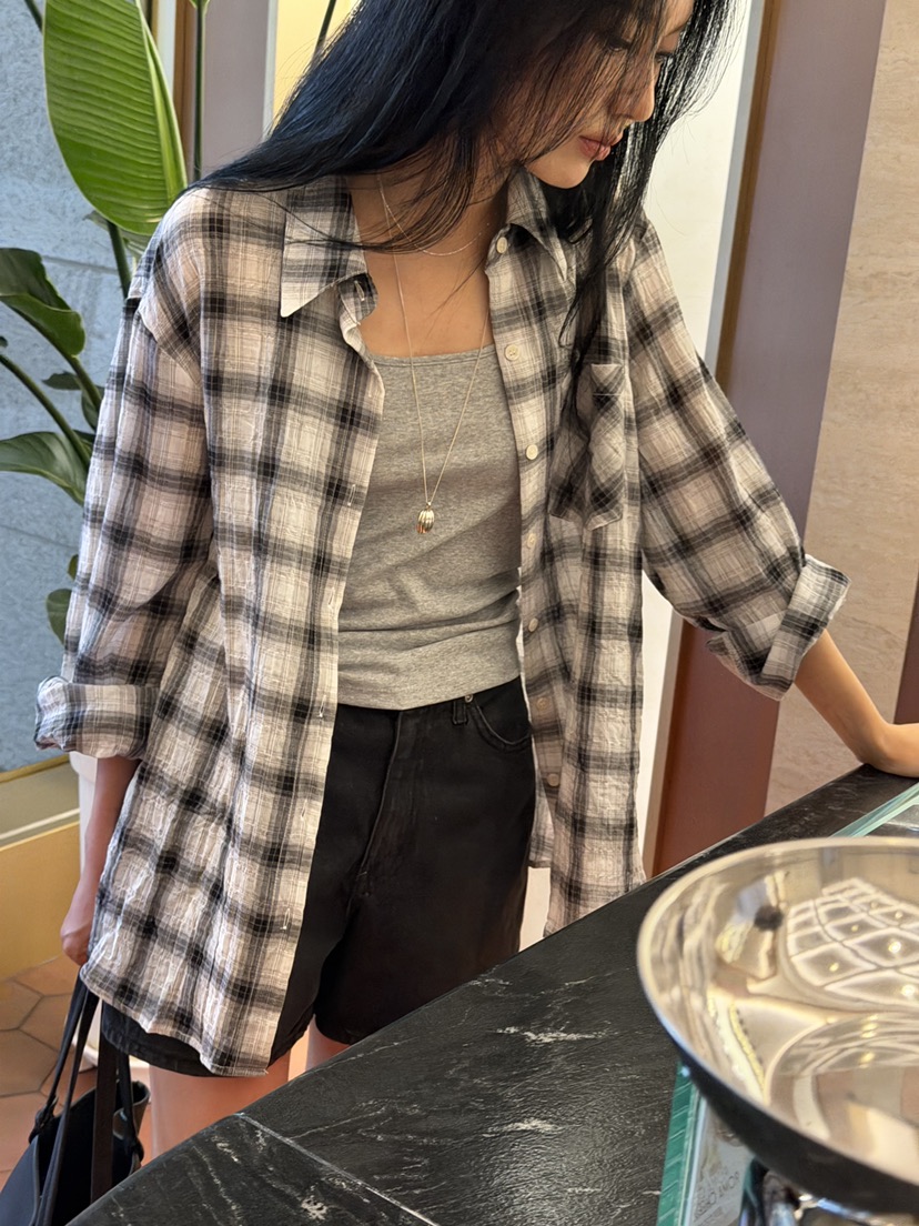 AMY GRACE-A韓國直郵實拍女士新品熱賣26夏季襯衫蕾絲衫格子AMY GRACE襯衫/蕾絲衫圖色1