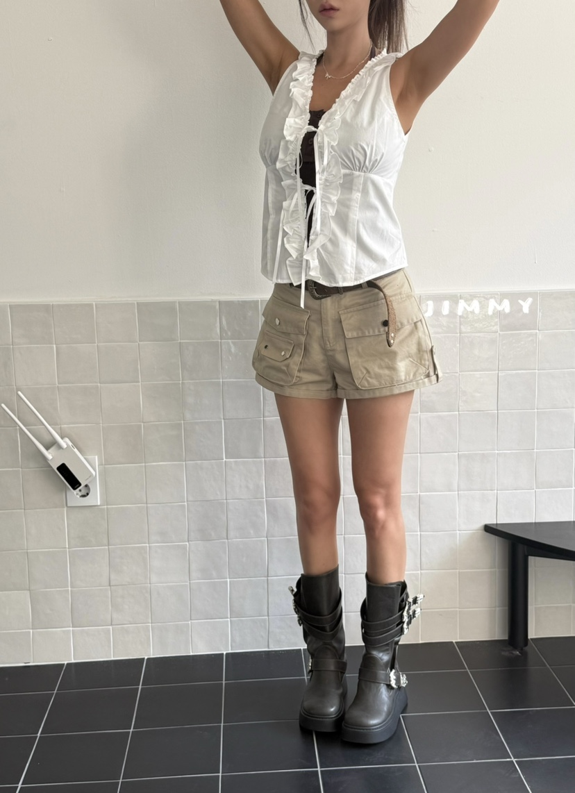 JIMMY韓國東大門直郵女裝新品熱賣休閑人氣吊帶背心荷葉邊JIMMY/REMAKE吊帶/背心