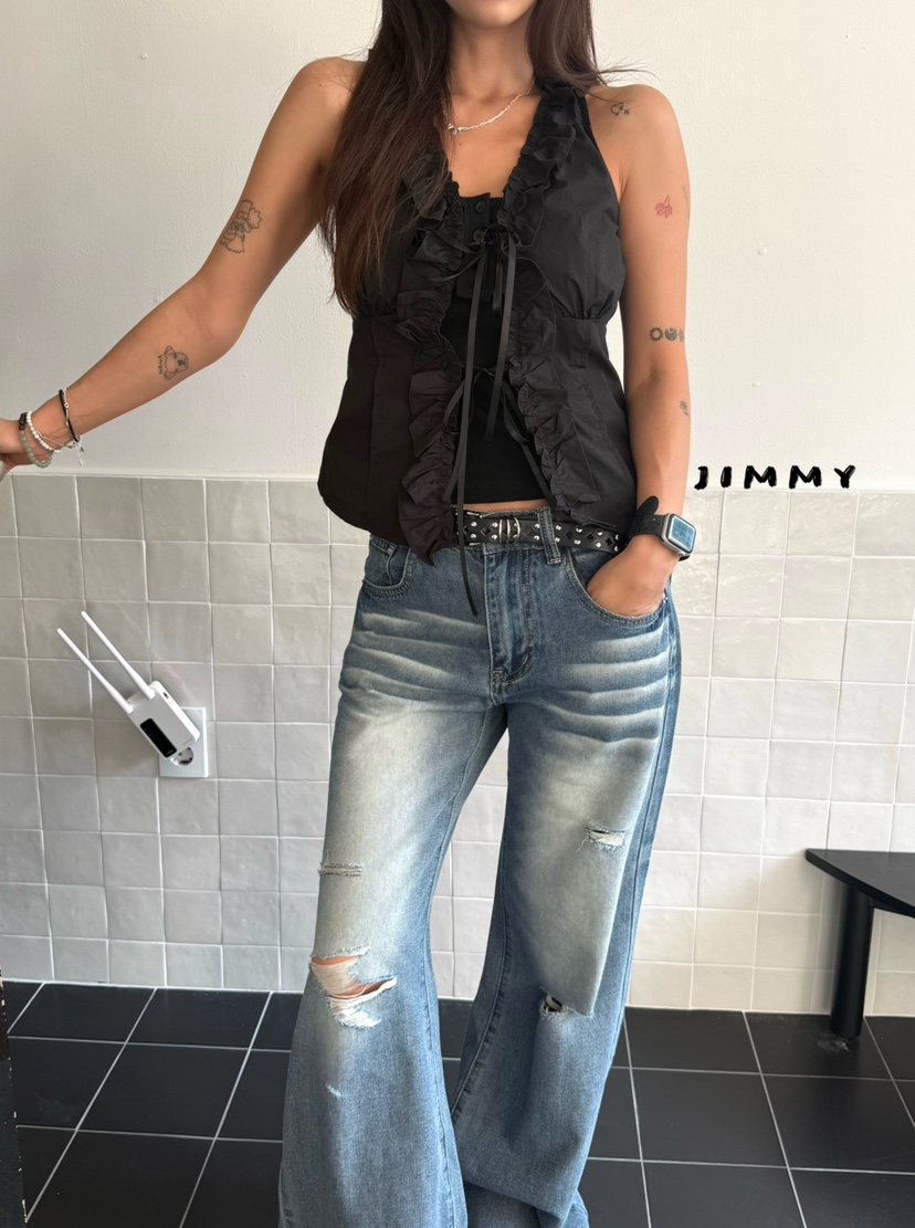 JIMMY韓國東大門直郵女裝新品熱賣休閑人氣吊帶背心荷葉邊JIMMY/REMAKE吊帶/背心