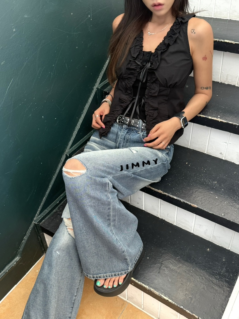 JIMMY韓國東大門直郵女裝新品熱賣休閑人氣吊帶背心荷葉邊JIMMY/REMAKE吊帶/背心