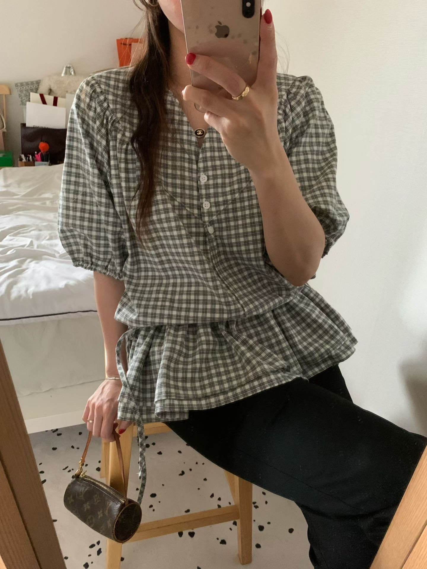 FEVER韓國東大門代購女士新款休閑推薦26夏季襯衫蕾絲衫格紋FEVER襯衫/蕾絲衫