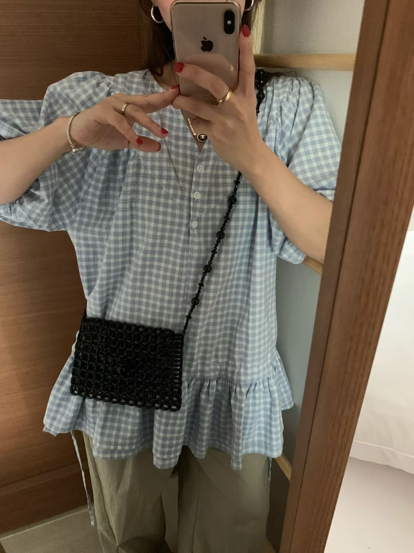 FEVER韓國東大門代購女士新款休閑推薦26夏季襯衫蕾絲衫格紋FEVER襯衫/蕾絲衫