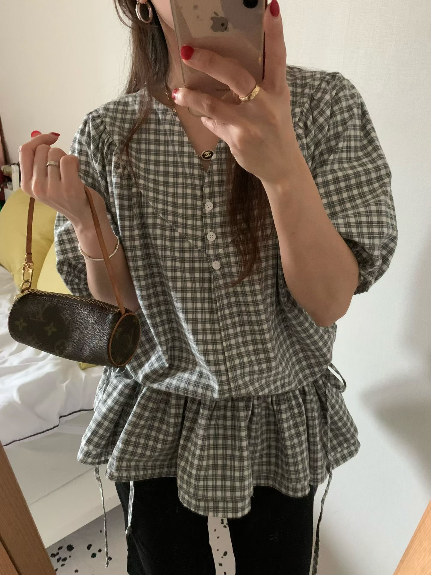 FEVER韓國東大門代購女士新款休閑推薦26夏季襯衫蕾絲衫格紋FEVER襯衫/蕾絲衫