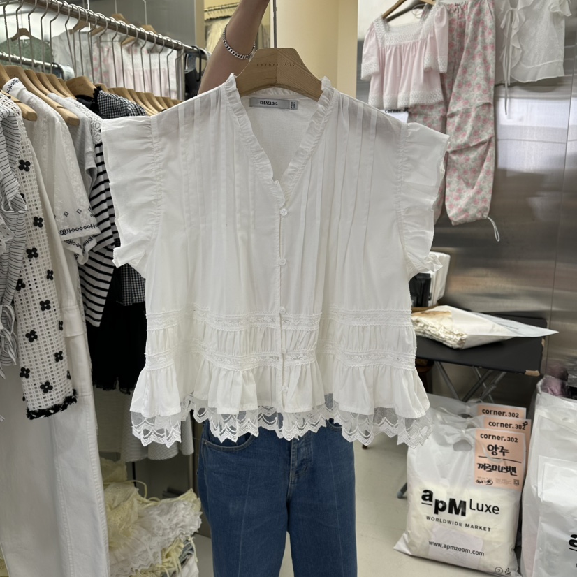 CORNER韓國東大門直郵女裝新品26夏季人氣襯衫蕾絲衫褶裥CORNER.302襯衫/蕾絲衫圖色1