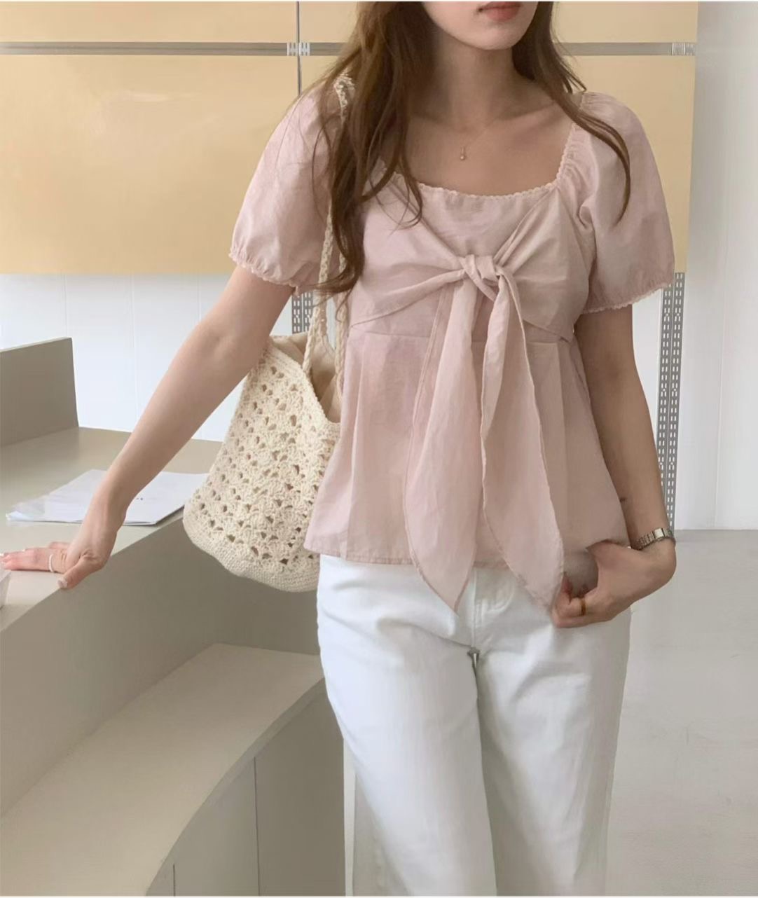 EOSIA韓國直郵女士新款休閑26夏季人氣推薦襯衫蕾絲衫絲帶EOSIA襯衫/蕾絲衫圖色1