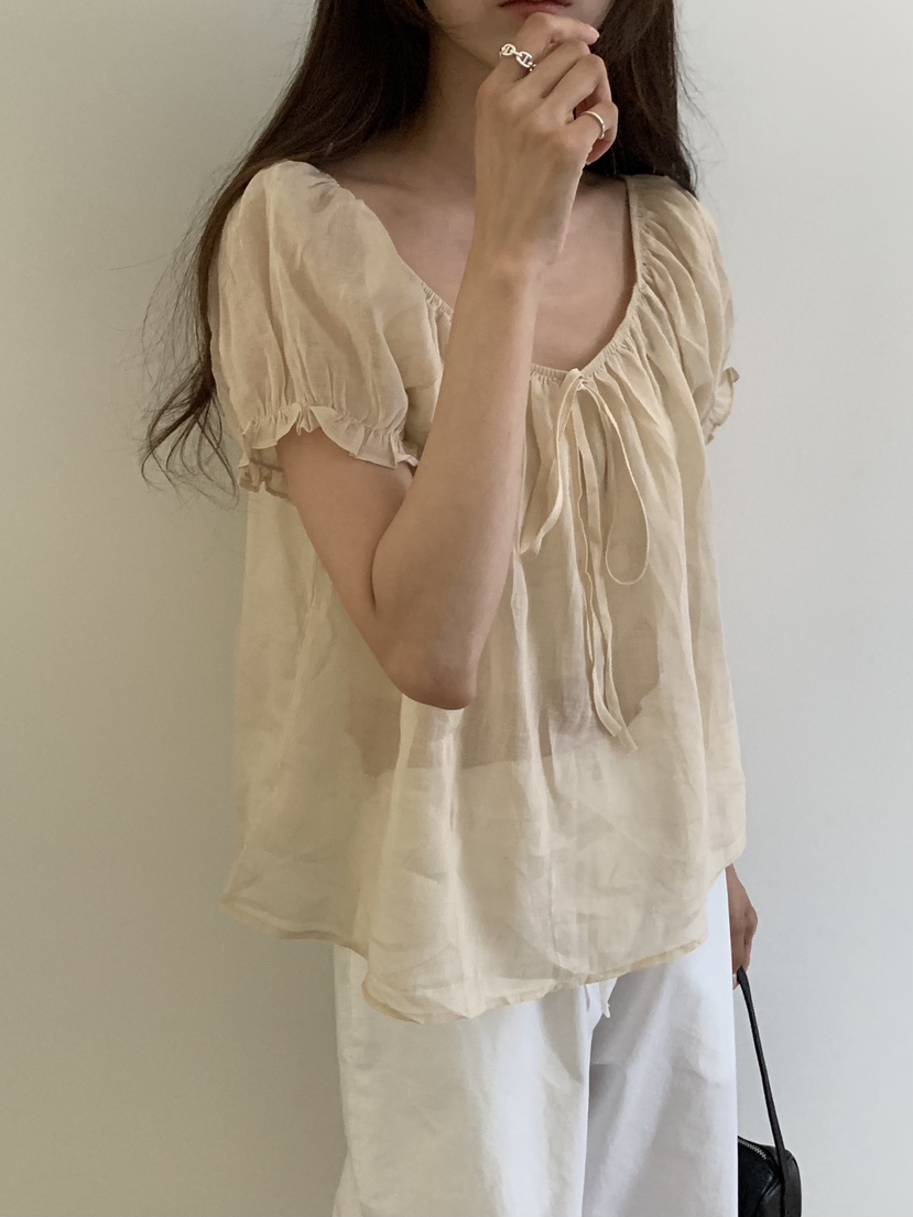 NOTICE東大門直郵女裝新款26春夏推薦襯衫蕾絲衫泡泡袖亞麻NOTICE襯衫/蕾絲衫
