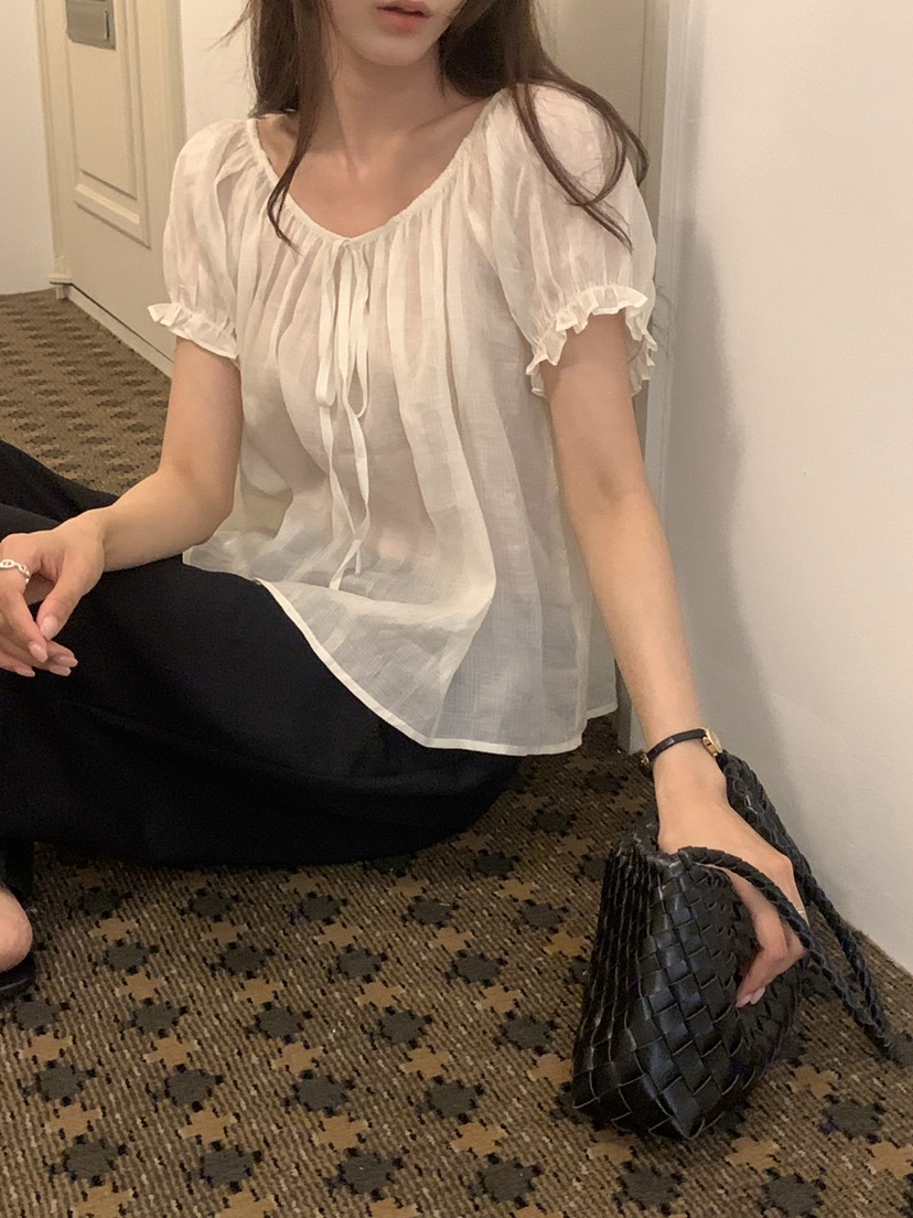 NOTICE東大門直郵女裝新款26春夏推薦襯衫蕾絲衫泡泡袖亞麻NOTICE襯衫/蕾絲衫