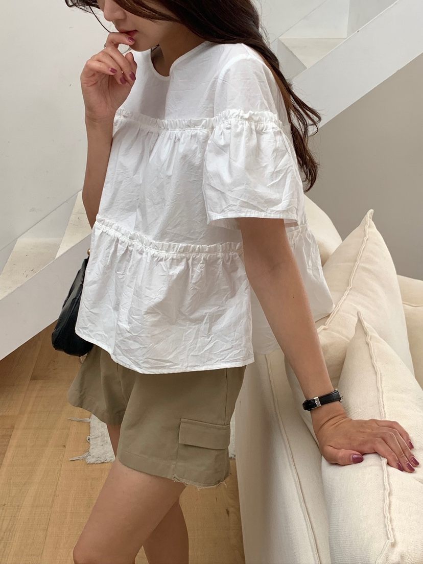 BLEECKER東大門實拍女士新品時尚人氣26春夏襯衫蕾絲衫褶皺BLEECKER襯衫/蕾絲衫
