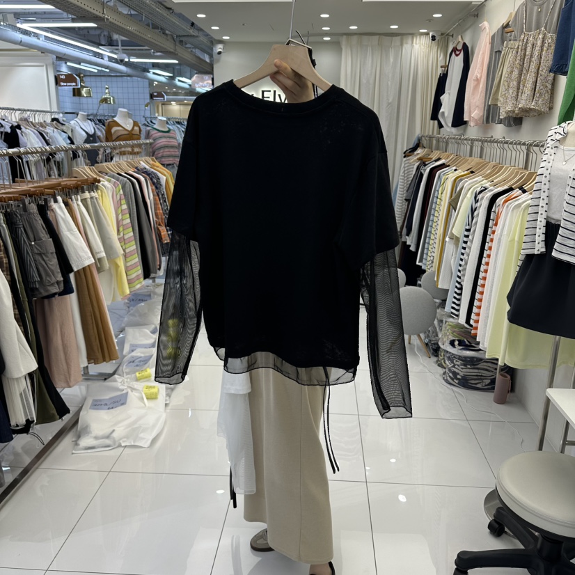 FLYFLY/LULULALLA/LIVE東大門實拍女士新款熱賣長袖T恤含腰帶假兩件網狀FLYFLY/LULULALLA/LIVE長袖T恤