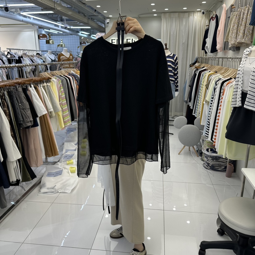 FLYFLY/LULULALLA/LIVE東大門實拍女士新款熱賣長袖T恤含腰帶假兩件網狀FLYFLY/LULULALLA/LIVE長袖T恤圖色2