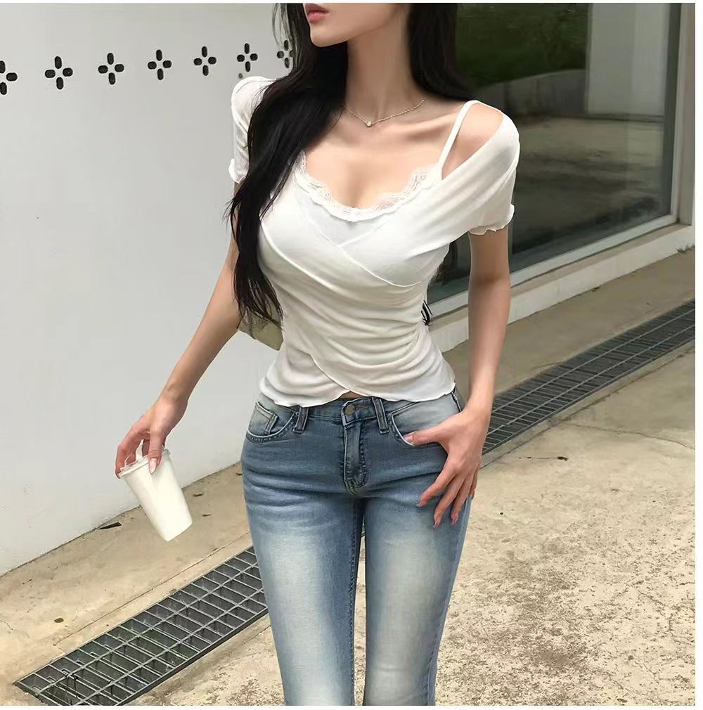 AFARRIER韓國直郵女士新品真品時尚人氣T恤假兩件裹身裙蕾絲AFARRIERT恤