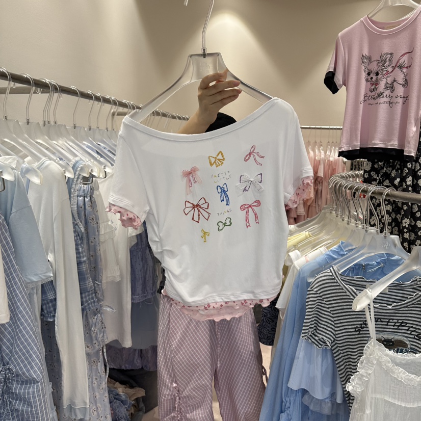 MIMME/LOOKK韓國東大門直郵女士新品休閑熱賣人氣T恤絲帶MIMME/LOOKKT恤