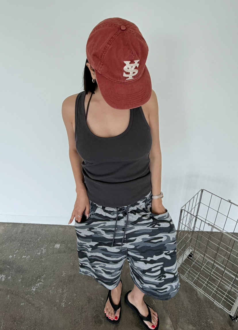 BYRING韓國東大門直郵女士新品時尚休閑人氣短褲單排扣迷彩BYRING短褲
