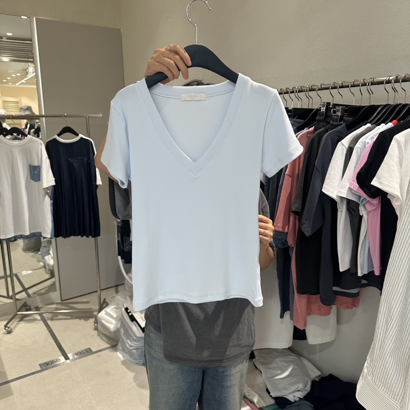 LIVU/MEMO CLASSIC韓國東大門代購女裝新品26夏季T恤V領LIVU/MEMO CLASSICT恤圖色2藍色