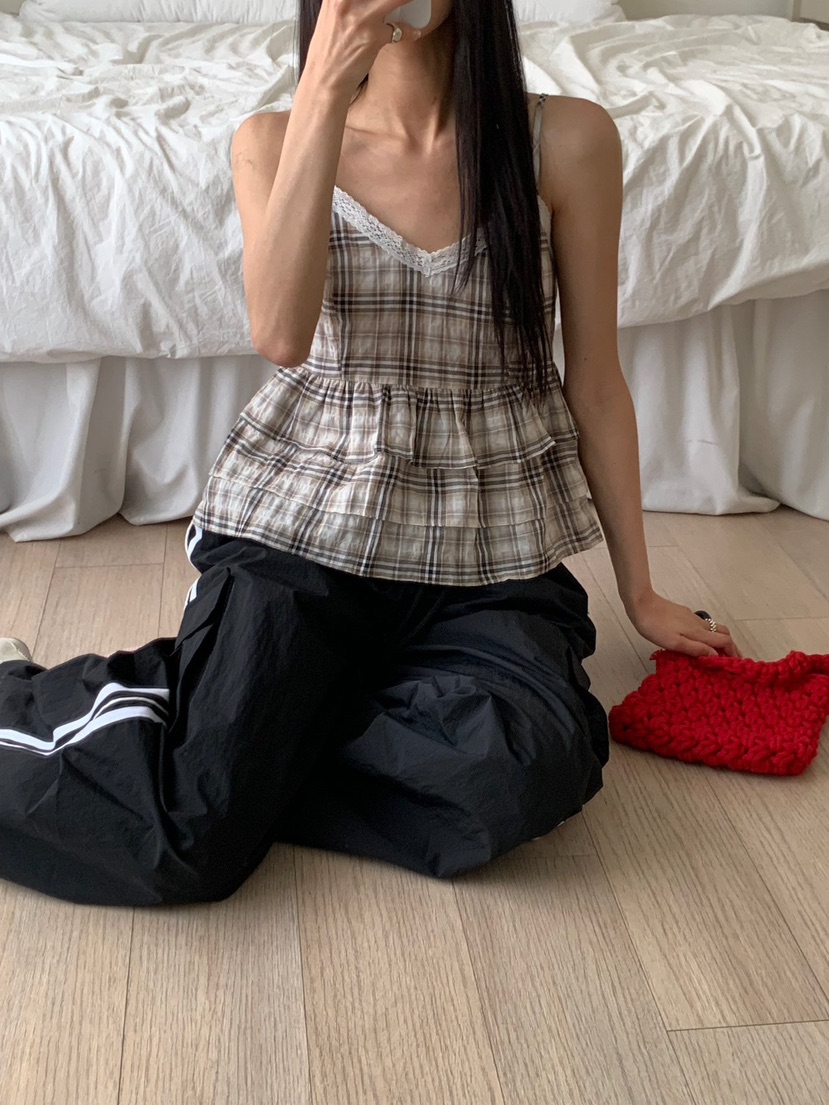 REVE CITE-L韓國代購女士新品人氣時尚吊帶背心格子層疊REVE CITE-L吊帶/背心