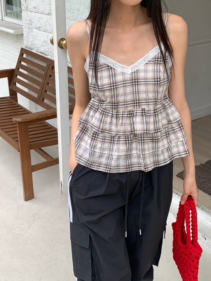 REVE CITE-L韓國代購女士新品人氣時尚吊帶背心格子層疊REVE CITE-L吊帶/背心圖色2