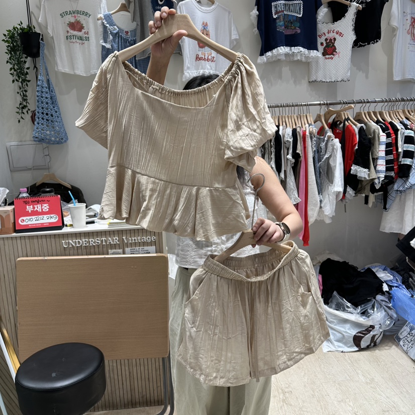 UNDERSTAR_VINTAGE韓國直郵女士新品真品休閑套裝泡泡袖亞麻UNDERSTAR_VINTAGE套裝