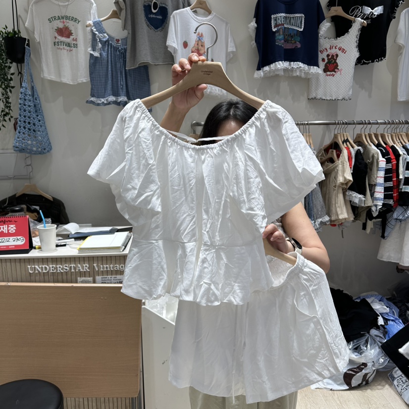 UNDERSTAR_VINTAGE韓國直郵女士新品真品休閑套裝泡泡袖亞麻UNDERSTAR_VINTAGE套裝圖色1