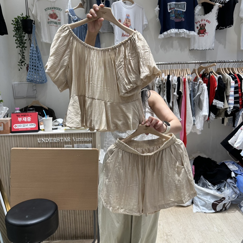 UNDERSTAR_VINTAGE韓國直郵女士新品真品休閑套裝泡泡袖亞麻UNDERSTAR_VINTAGE套裝圖色2