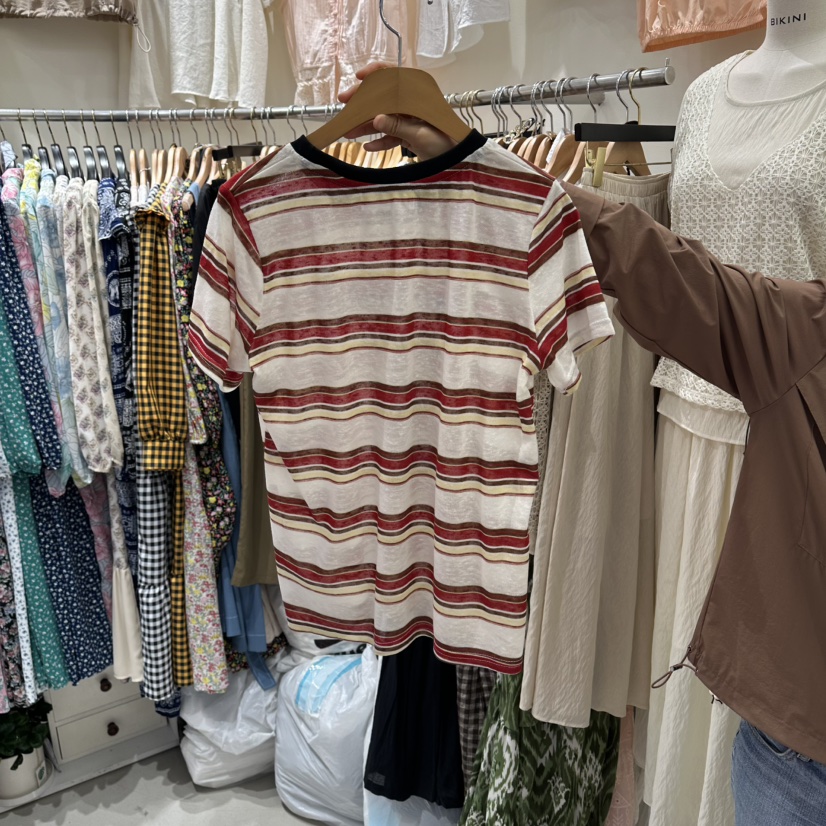 BIKINI東大門代購女裝新品熱賣職業休閑真品26春夏T恤亞麻條紋BIKINIT恤