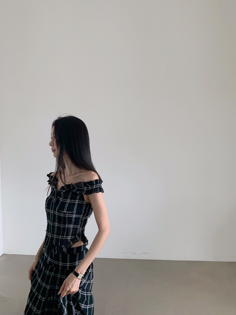 VERANDA韓國代購女士新品熱賣真品職業休閑吊帶背心格子褶裥VERANDA吊帶/背心