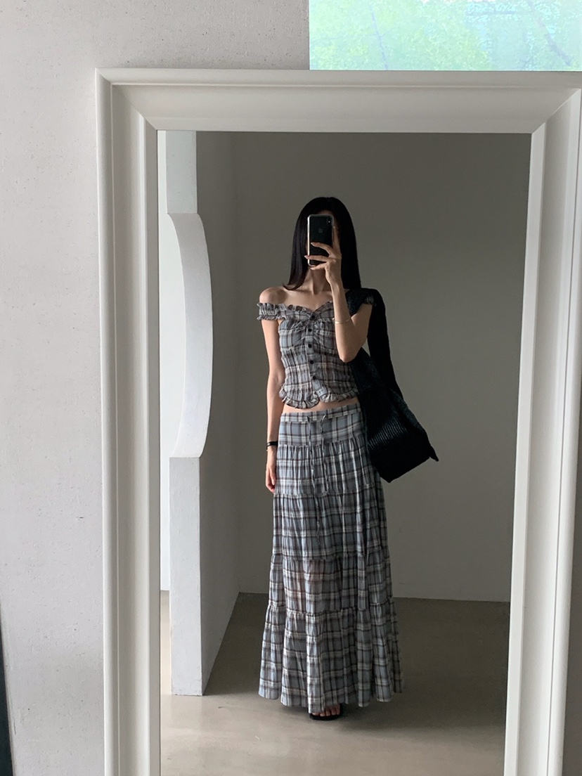 VERANDA韓國直郵女士新品熱賣時尚人氣休閑職業長裙格子褶裥VERANDA長裙