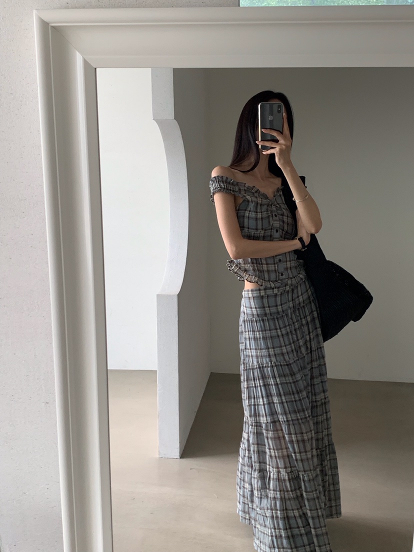 VERANDA韓國直郵女士新品熱賣時尚人氣休閑職業長裙格子褶裥VERANDA長裙