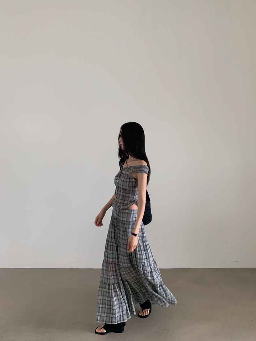 VERANDA韓國直郵女士新品熱賣時尚人氣休閑職業長裙格子褶裥VERANDA長裙