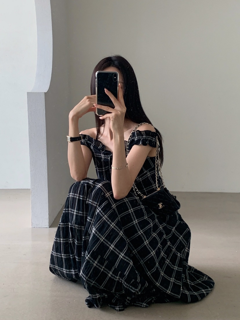 VERANDA韓國直郵女士新品熱賣時尚人氣休閑職業長裙格子褶裥VERANDA長裙