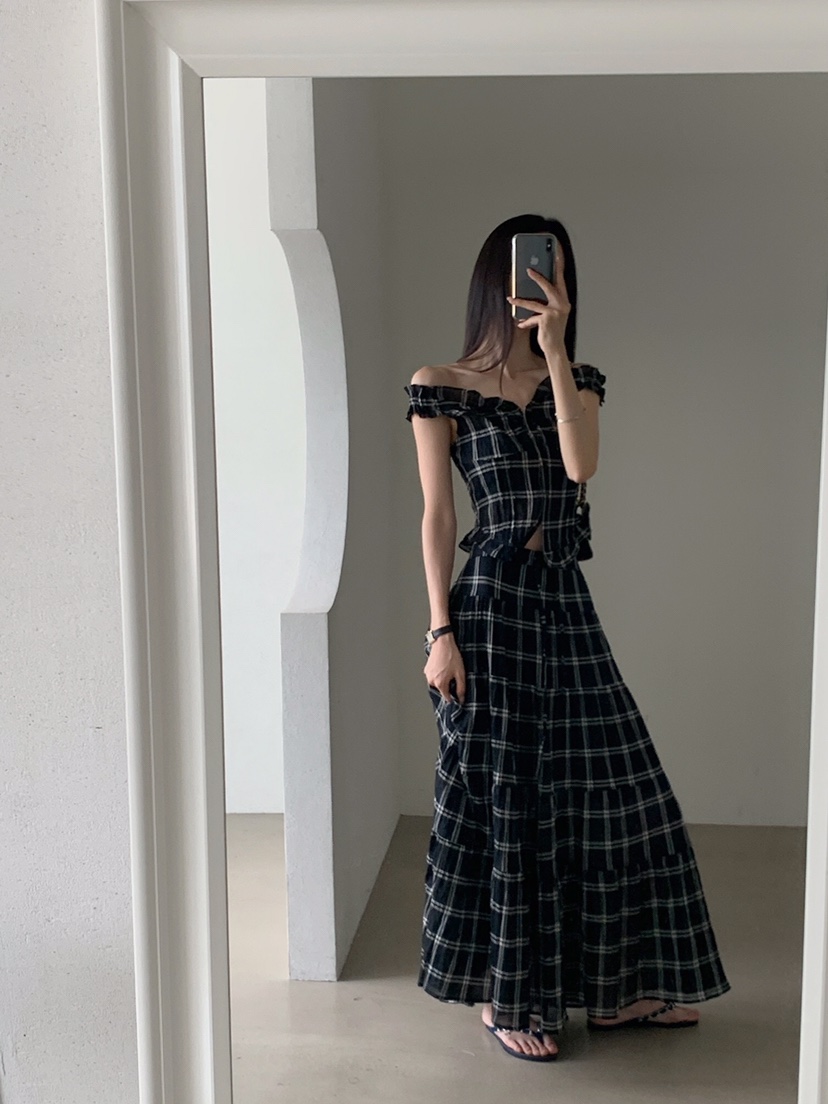 VERANDA韓國直郵女士新品熱賣時尚人氣休閑職業長裙格子褶裥VERANDA長裙