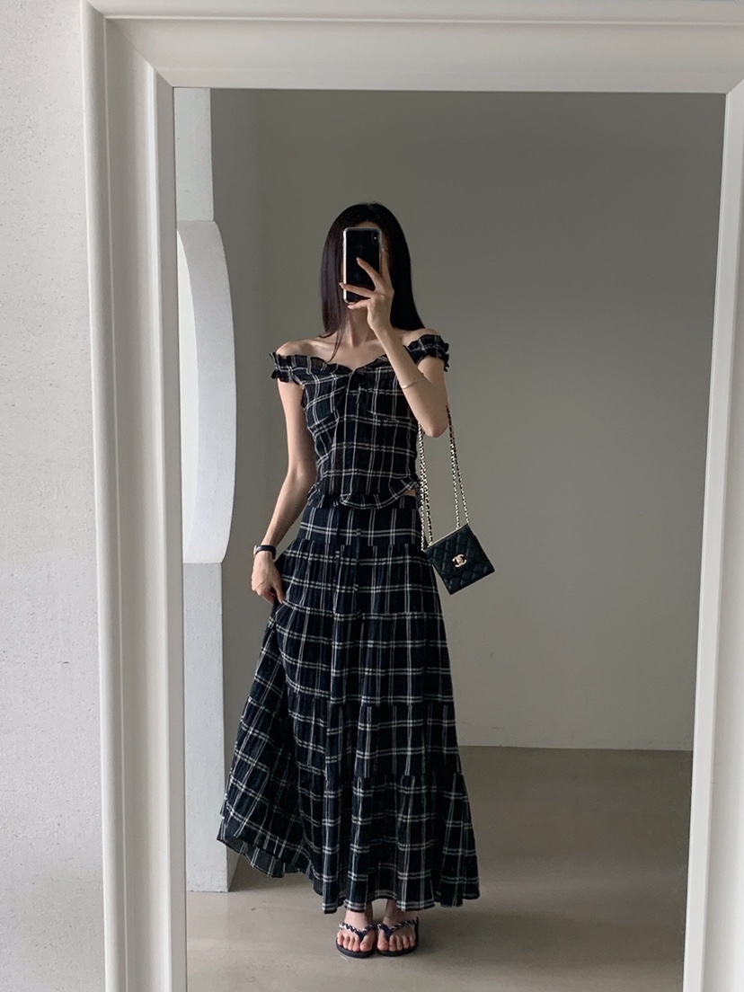 VERANDA韓國直郵女士新品熱賣時尚人氣休閑職業長裙格子褶裥VERANDA長裙圖色2