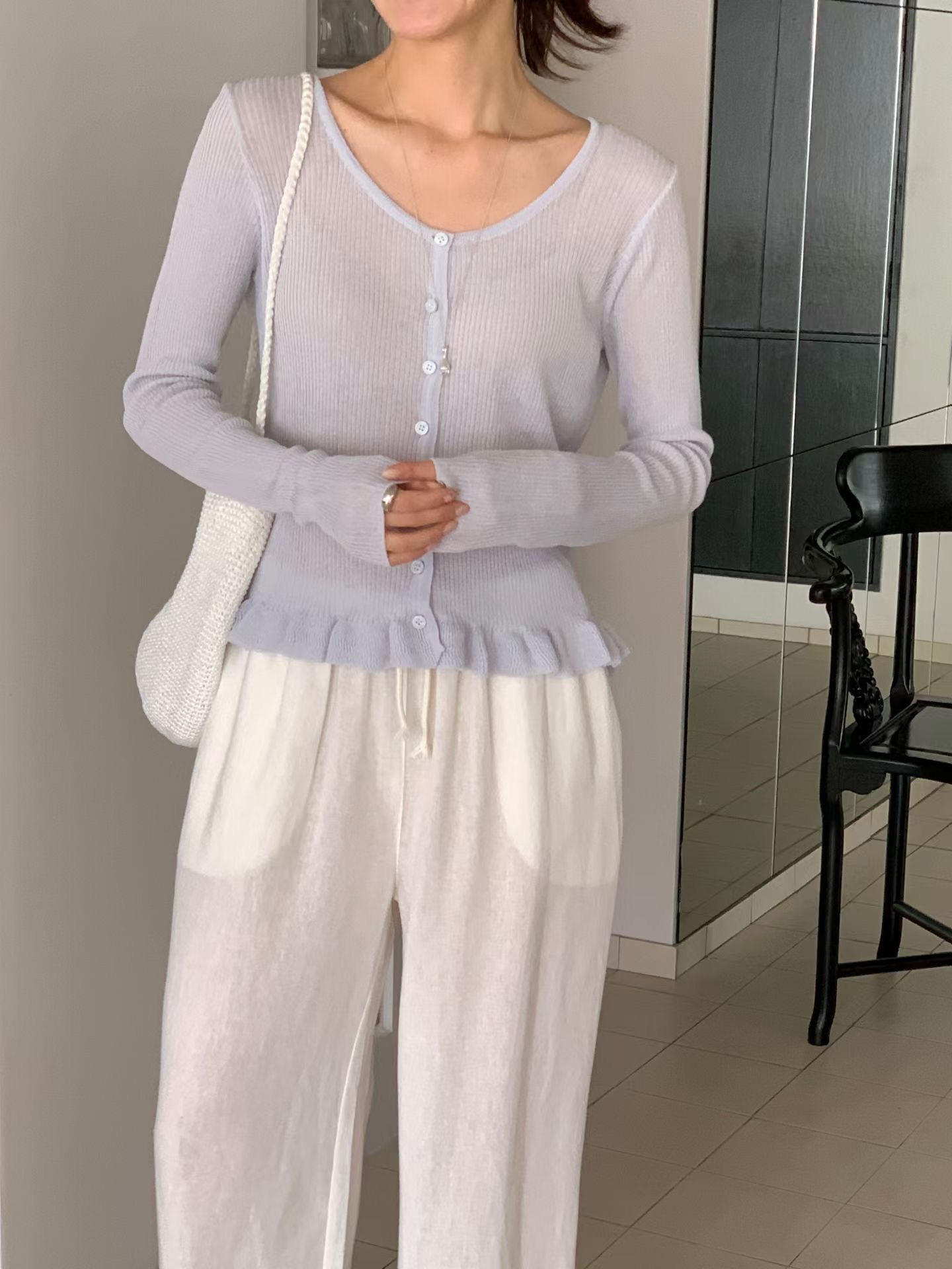 BABY SALON韓國直郵女裝新品休閑真品針織衫荷葉邊亞麻開衫BABY SALON針織衫