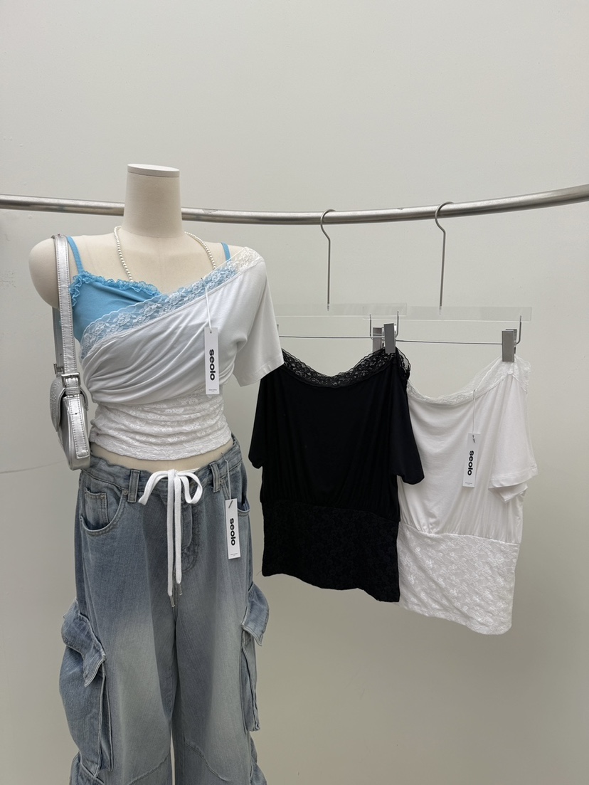 SEOLO韓國直郵女裝新品熱賣人氣休閑推薦26夏季真品T恤蕾絲Seolo seoulT恤圖色2左二色