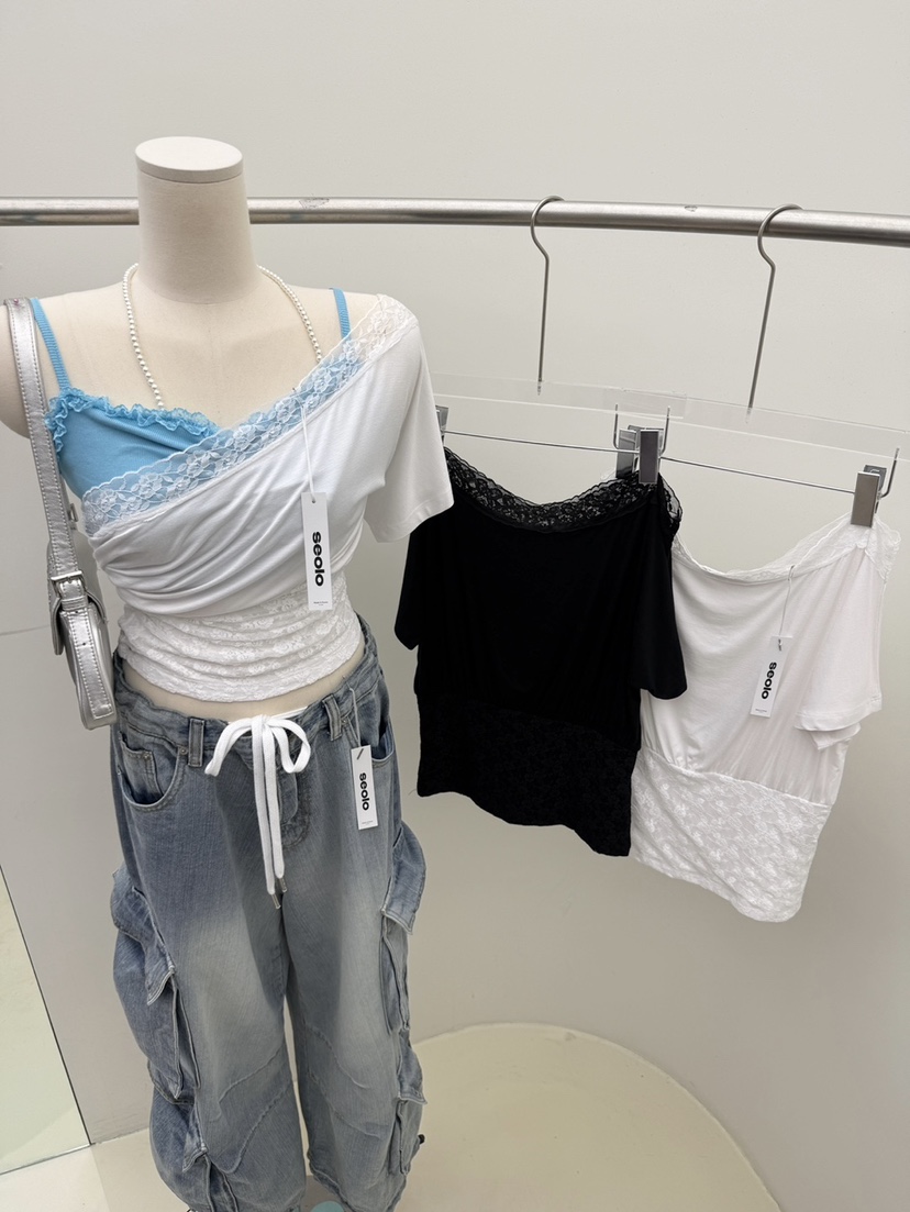 SEOLO韓國直郵女裝新品熱賣人氣休閑推薦26夏季真品T恤蕾絲Seolo seoulT恤圖色3左三色