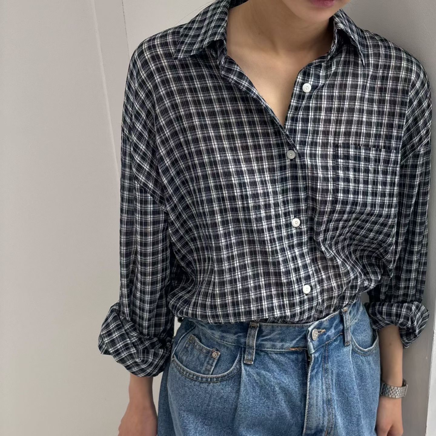 MINIMALGROUND/VIVAGLAM東大門直郵女士新款休閑襯衫蕾絲衫不含內搭格紋MINIMALGROUND/VIVAGLAM襯衫/蕾絲衫圖色1