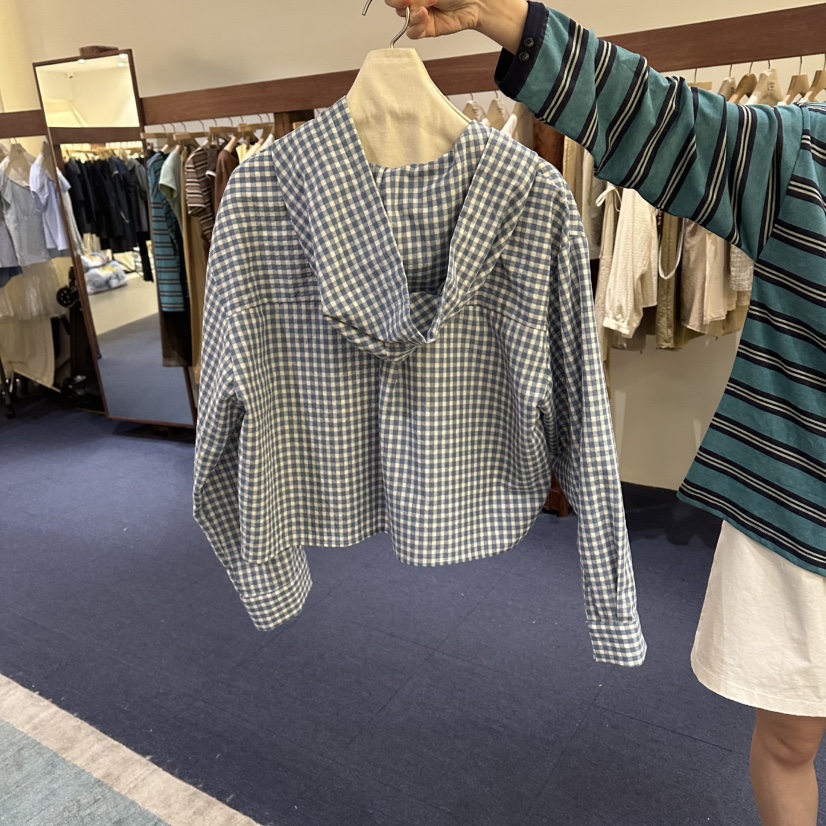 FURE韓國代購女士新款人氣真品26夏季襯衫蕾絲衫連帽衫格子FURE襯衫/蕾絲衫