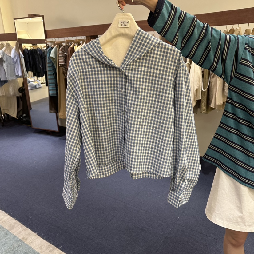 FURE韓國代購女士新款人氣真品26夏季襯衫蕾絲衫連帽衫格子FURE襯衫/蕾絲衫圖色1