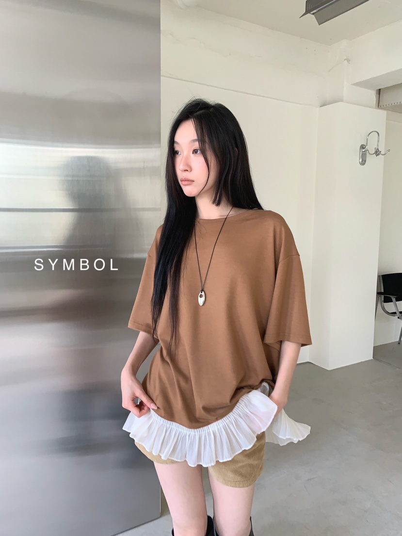 SYMBOL韓國代購女士新款熱賣休閑26春夏職業推薦真品T恤褶邊SYMBOLT恤