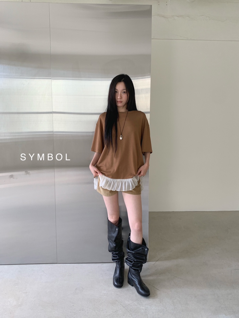 SYMBOL韓國代購女士新款熱賣休閑26春夏職業推薦真品T恤褶邊SYMBOLT恤