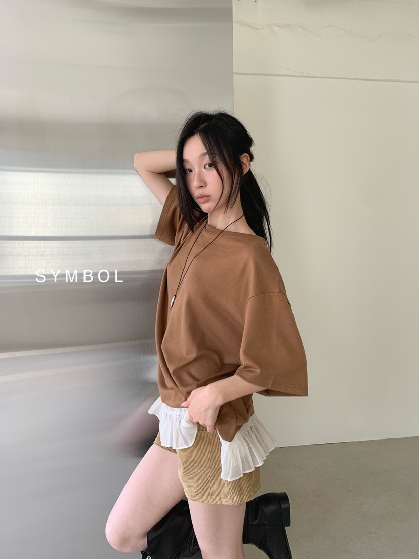 SYMBOL韓國代購女士新款熱賣休閑26春夏職業推薦真品T恤褶邊SYMBOLT恤