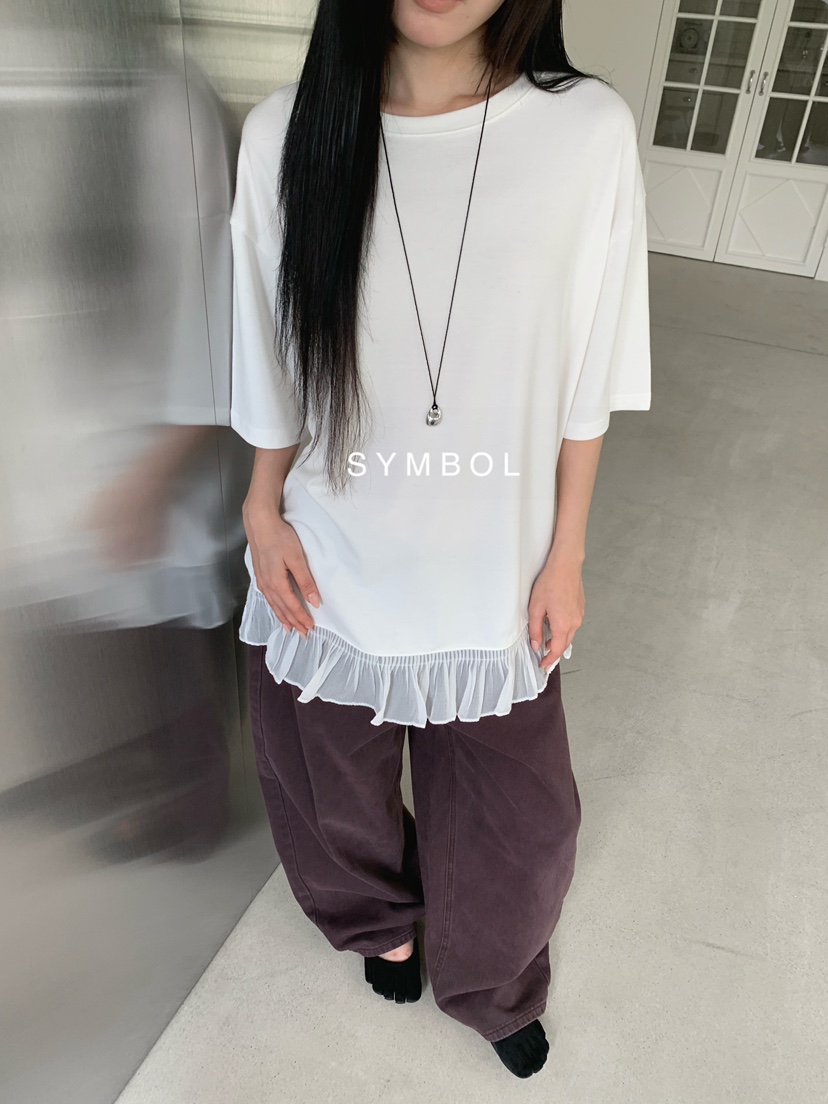 SYMBOL韓國代購女士新款熱賣休閑26春夏職業推薦真品T恤褶邊SYMBOLT恤