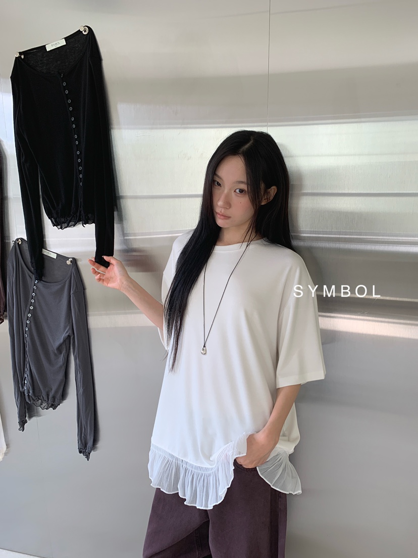 SYMBOL韓國代購女士新款熱賣休閑26春夏職業推薦真品T恤褶邊SYMBOLT恤
