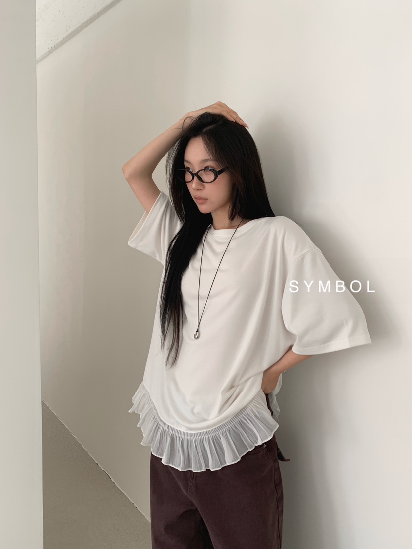 SYMBOL韓國代購女士新款熱賣休閑26春夏職業推薦真品T恤褶邊SYMBOLT恤