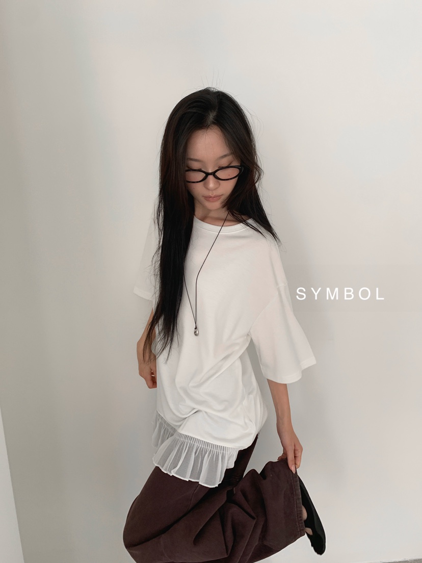 SYMBOL韓國代購女士新款熱賣休閑26春夏職業推薦真品T恤褶邊SYMBOLT恤