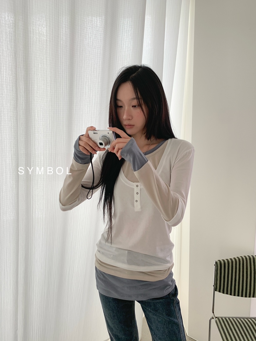 SYMBOL韓國代購女士新品熱賣職業休閑推薦長袖T恤疊穿長款SYMBOL長袖T恤