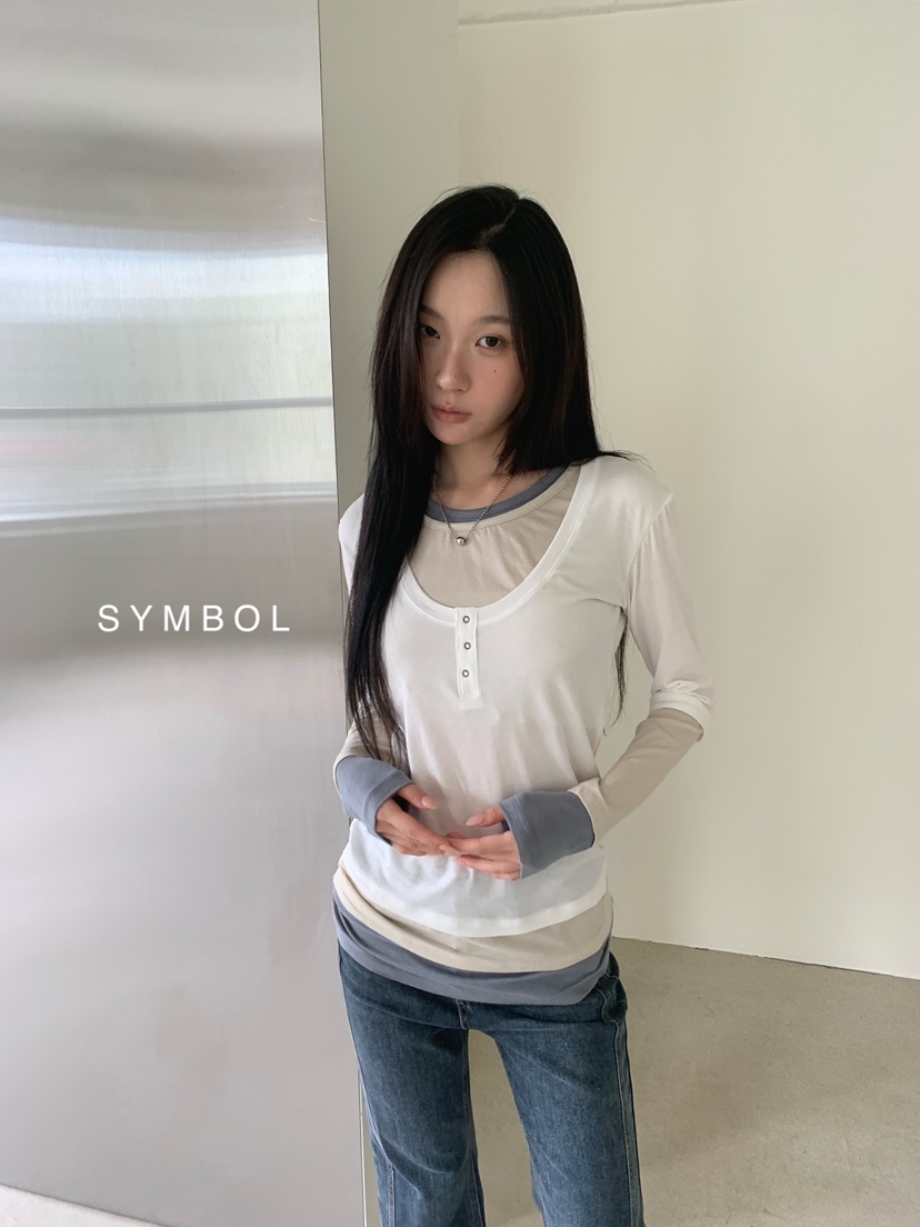 SYMBOL韓國代購女士新品熱賣職業休閑推薦長袖T恤疊穿長款SYMBOL長袖T恤