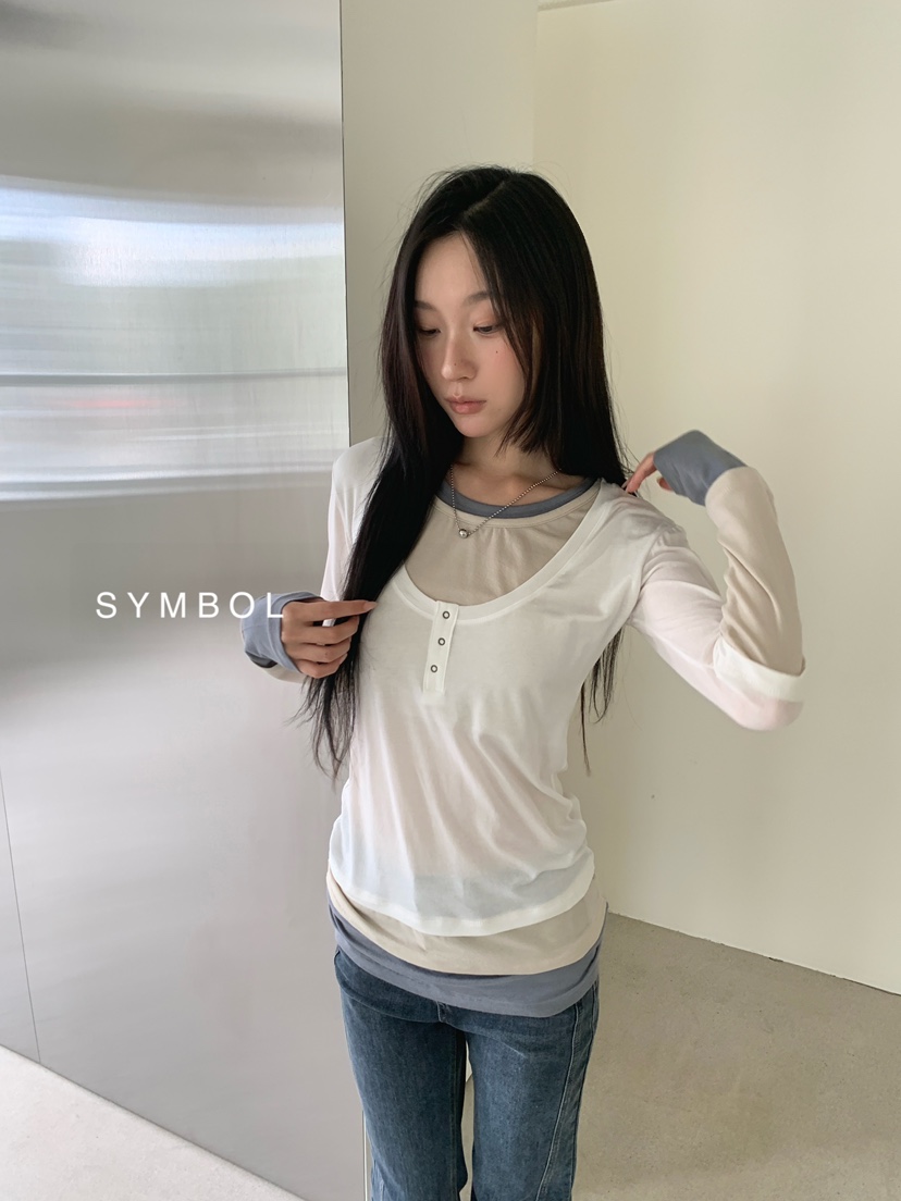 SYMBOL韓國代購女士新品熱賣職業休閑推薦長袖T恤疊穿長款SYMBOL長袖T恤