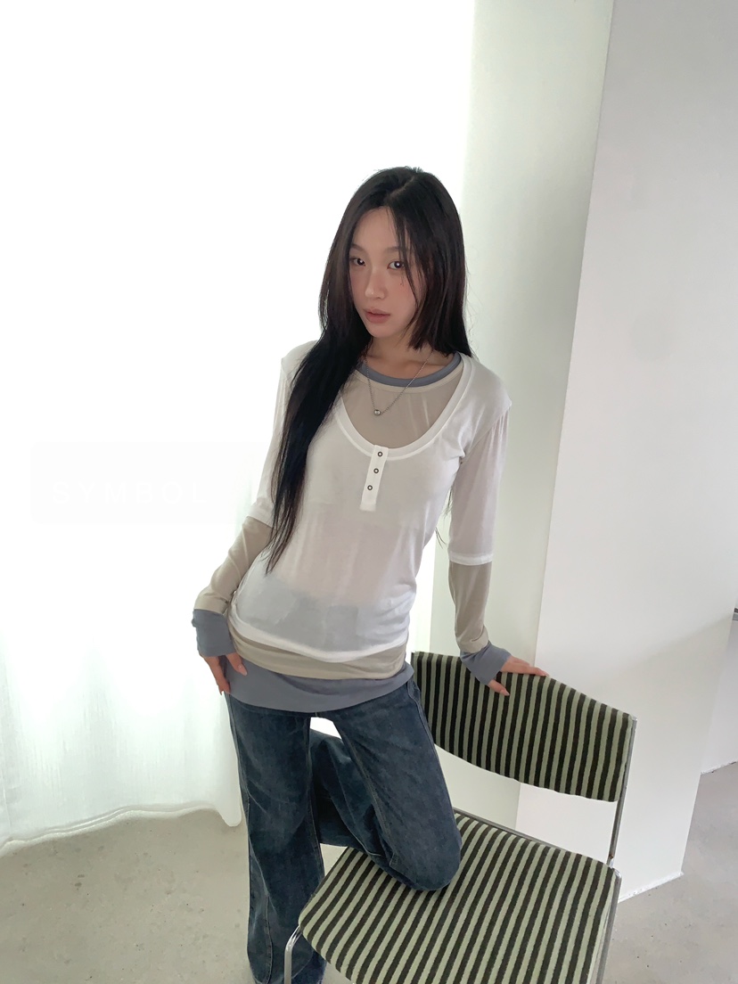 SYMBOL韓國代購女士新品熱賣職業休閑推薦長袖T恤疊穿長款SYMBOL長袖T恤