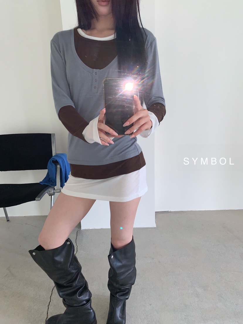 SYMBOL韓國代購女士新品熱賣職業休閑推薦長袖T恤疊穿長款SYMBOL長袖T恤圖色2
